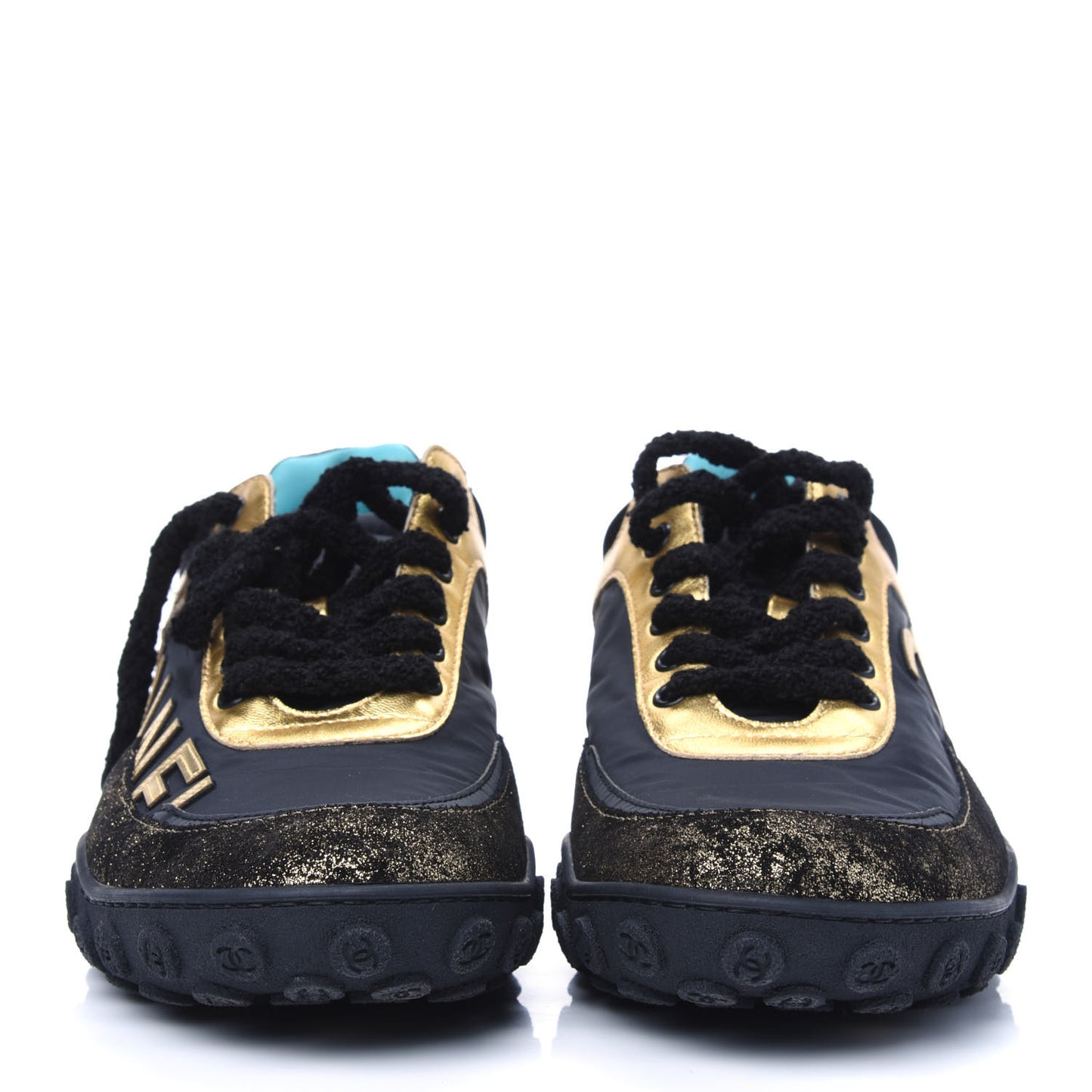 Metallic Lambskin Satin Finish Womens CC Sneakers 36 Black Gold
