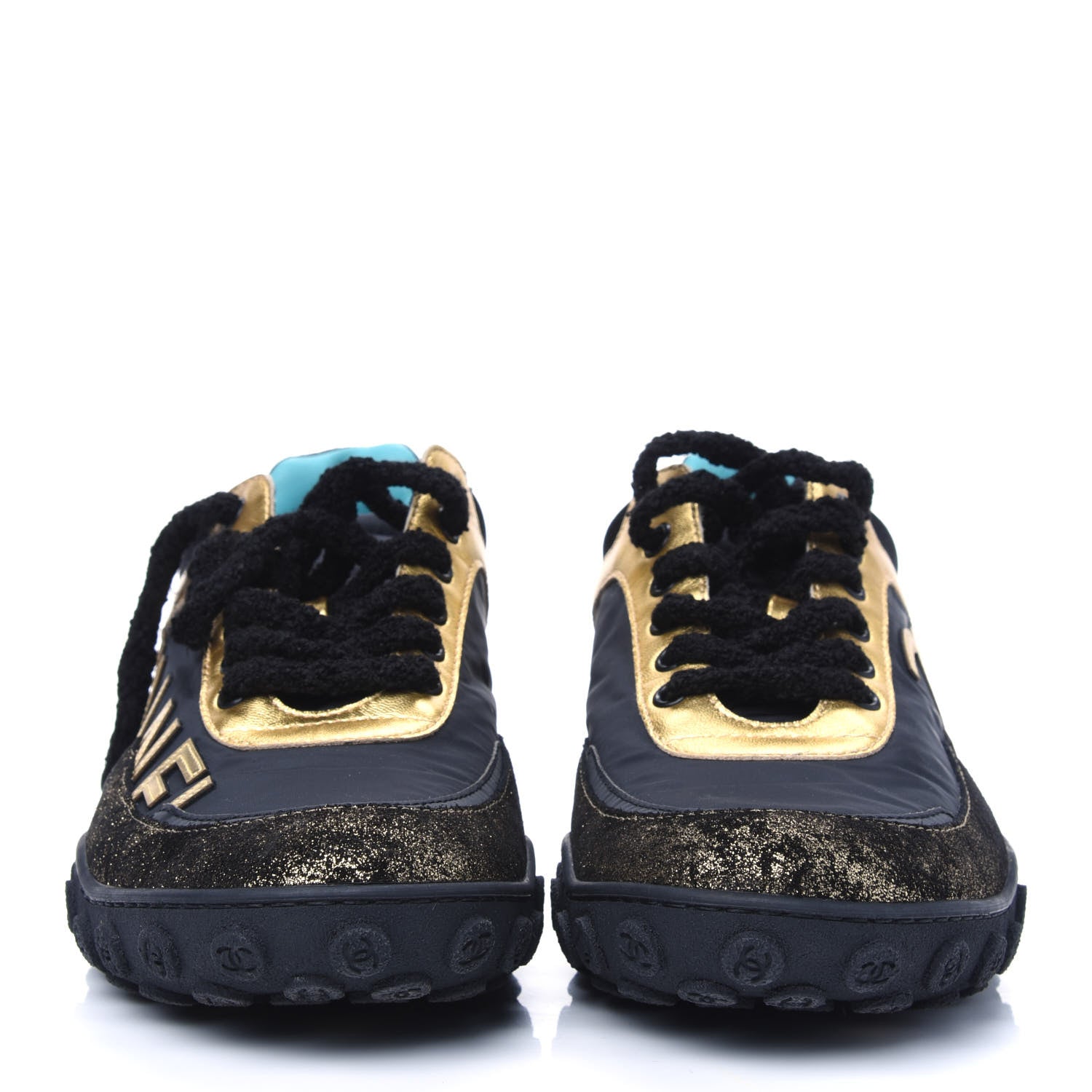 Chanel Metallic Lambskin Satin Finish Womens CC Sneakers 36 Black Gold 2 of 9