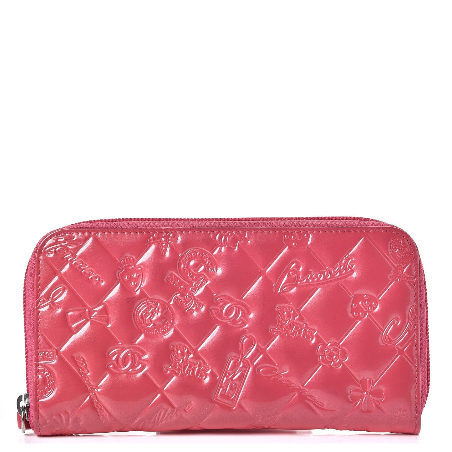 Patent Calfskin Lucky Symbols Zip Around Wallet Fuchsia