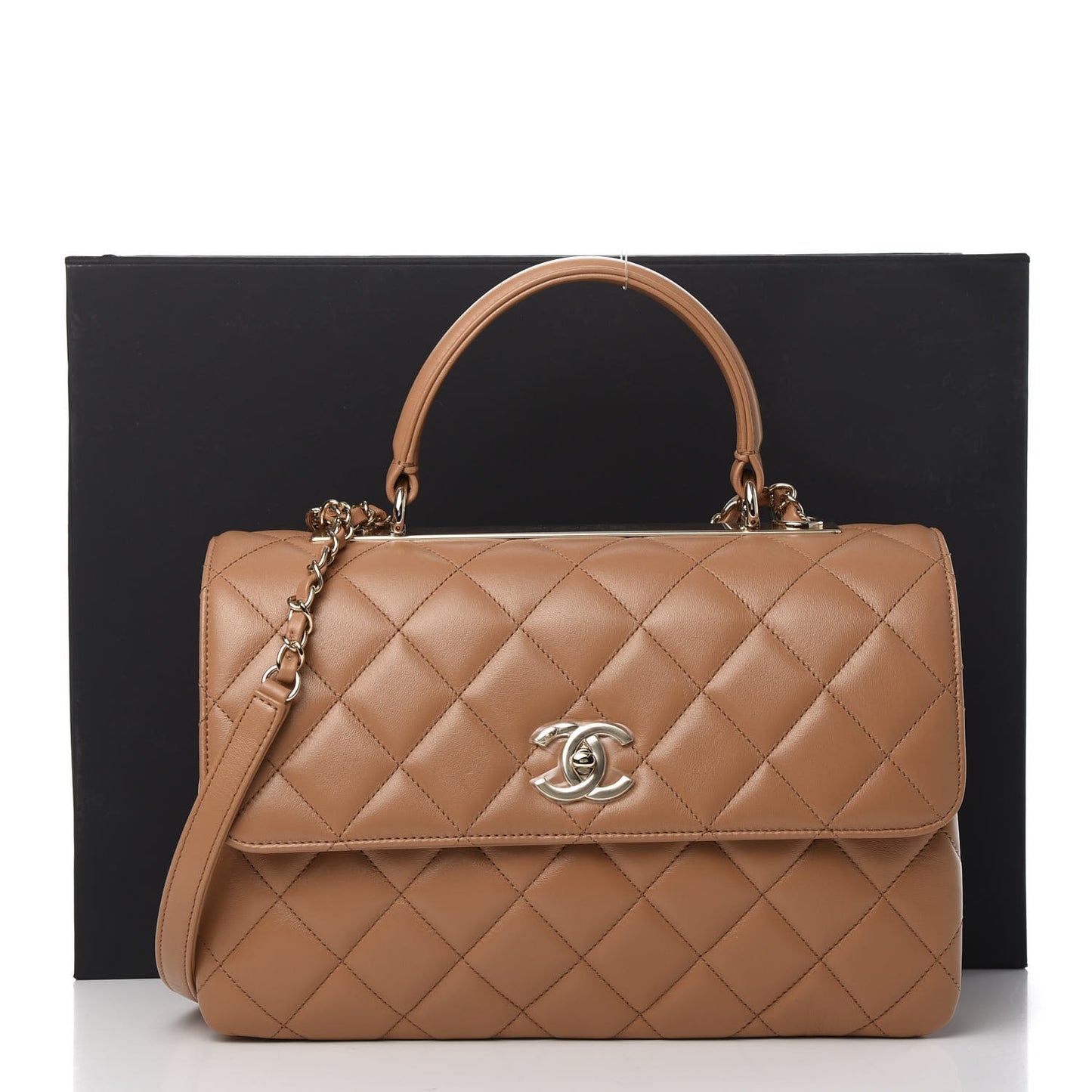 Lambskin Quilted Medium Trendy CC Flap Dual Handle Bag Light Brown