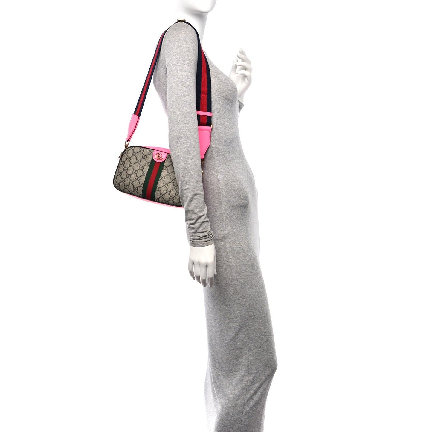 GG Supreme Monogram Textured Dollar Calfskin Web Ophidia Small Crossbody Bag Beige Ebony Fuchsia