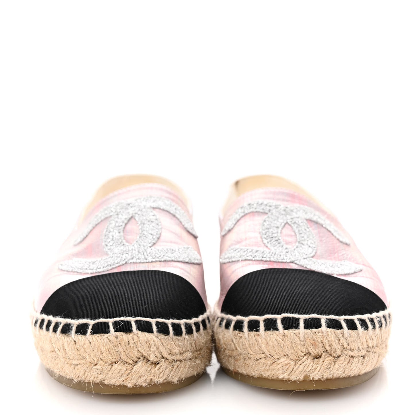Laminated Lambskin Grosgrain Embroidered CC Espadrilles 39 Pink Silver Black