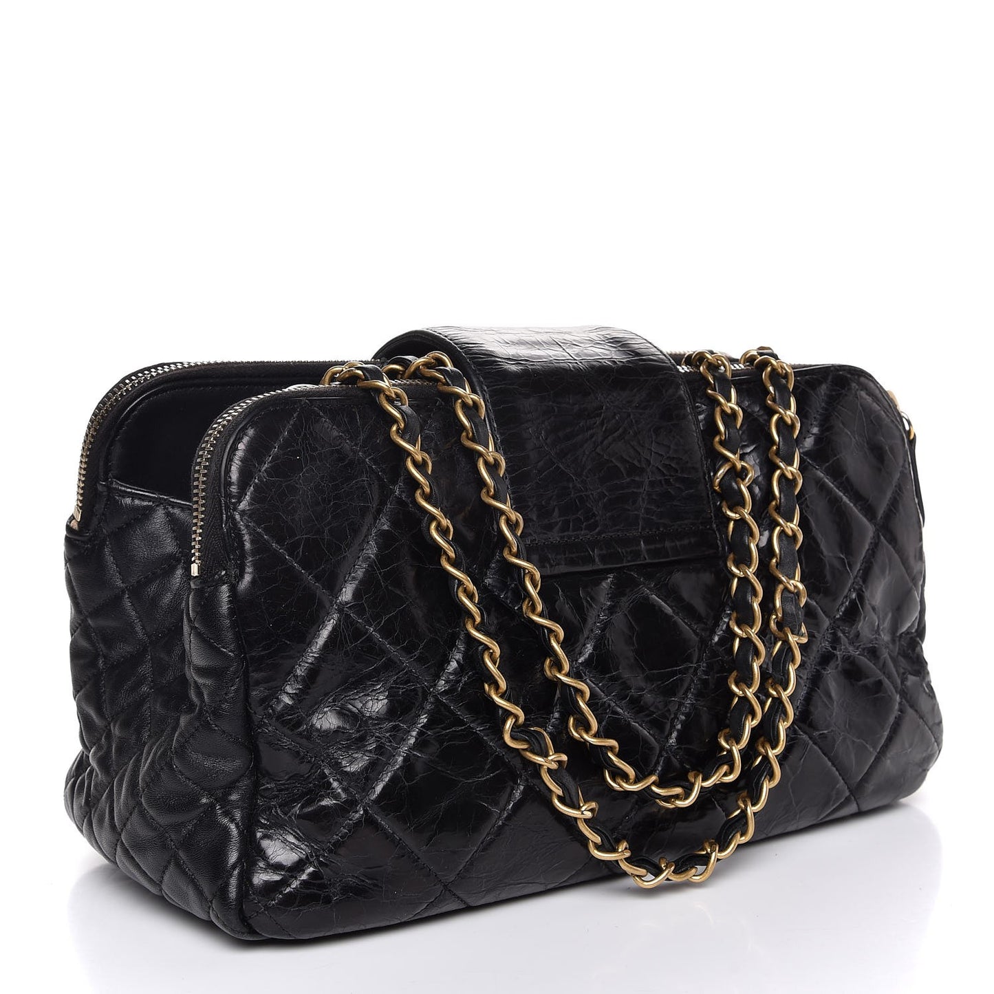 Glazed Calfskin Quilted Mademoiselle Tote Black