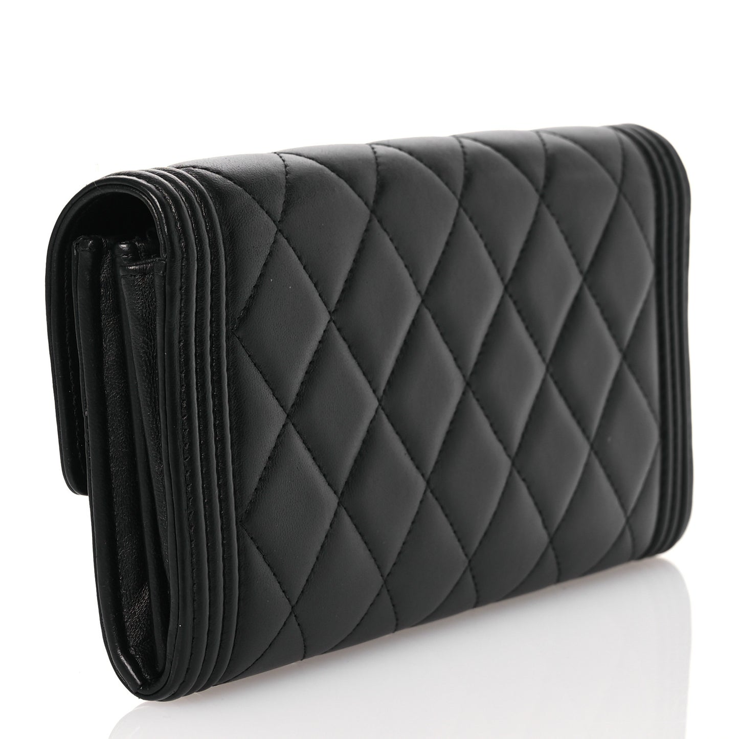 Lambskin Quilted Large Boy Gusset Flap Wallet Black