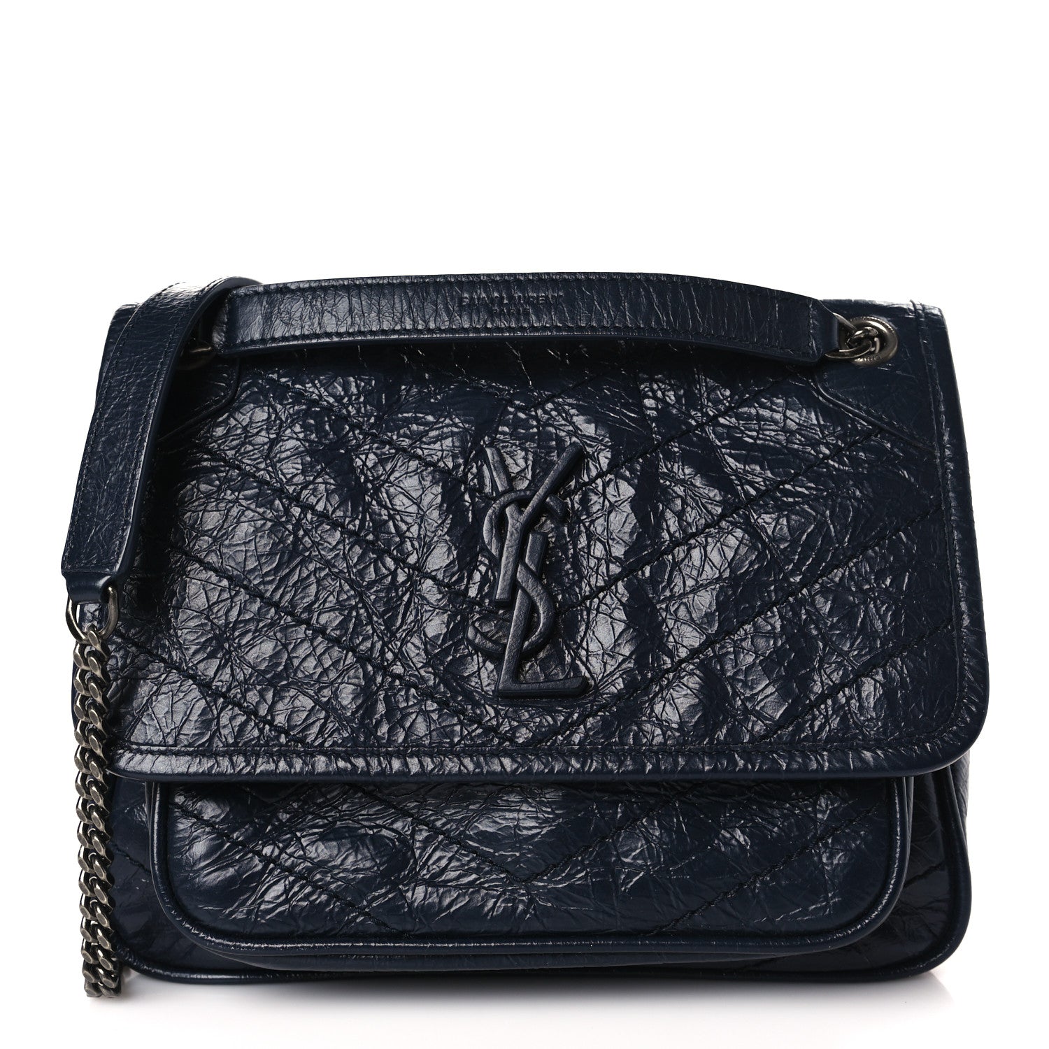 Saint Laurent Crinkled Calfskin Matelasse Monogram Baby Niki Chain Satchel Navy 1 of 10