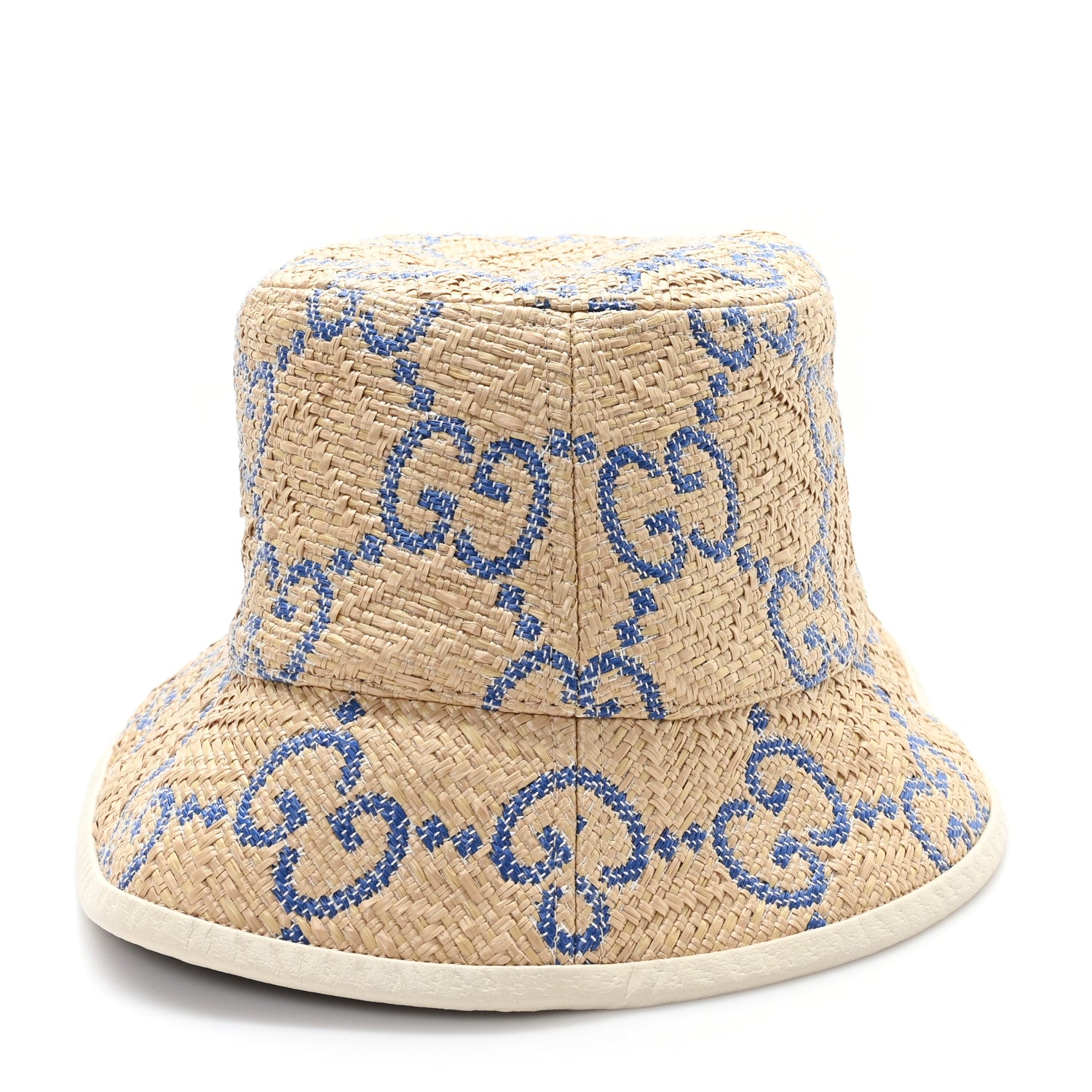 Gucci Raffia GG Monogram Embroidered Fedora Hat S Beige Blue 5 of 9