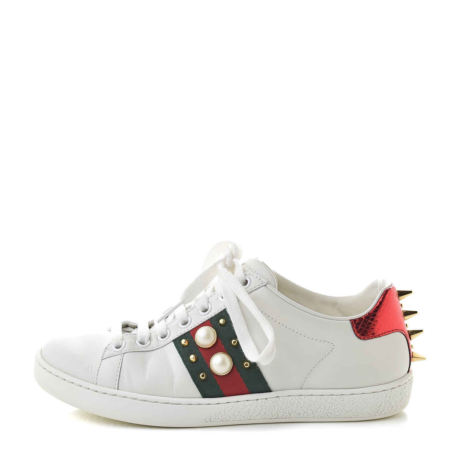 Gucci Calfskin Web Pearl Studded Womens Ace Sneakers 35 White 1 of 14
