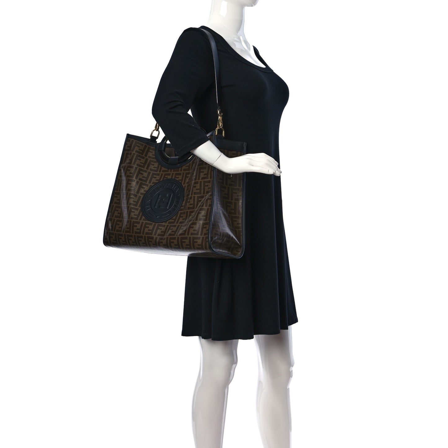 Glazed Fabric Vitello Century Plexiglass FF 1974 Stamp Patch Medium Runaway Shopper Tote Mogano Panna Black