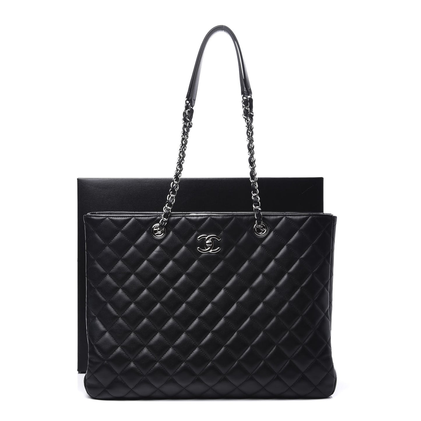 Calfskin Quilted Large Classic Shopping Tote Black