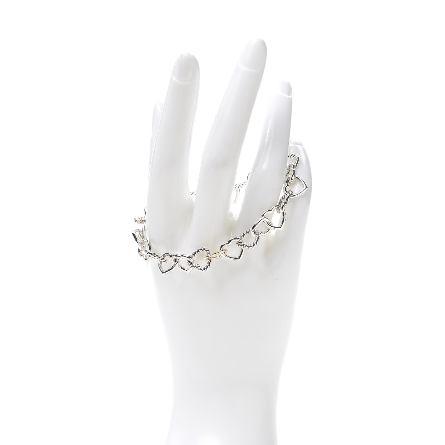David Yurman Sterling Silver 18K Yellow Gold Cable Heart Link Bracelet 2 of 5