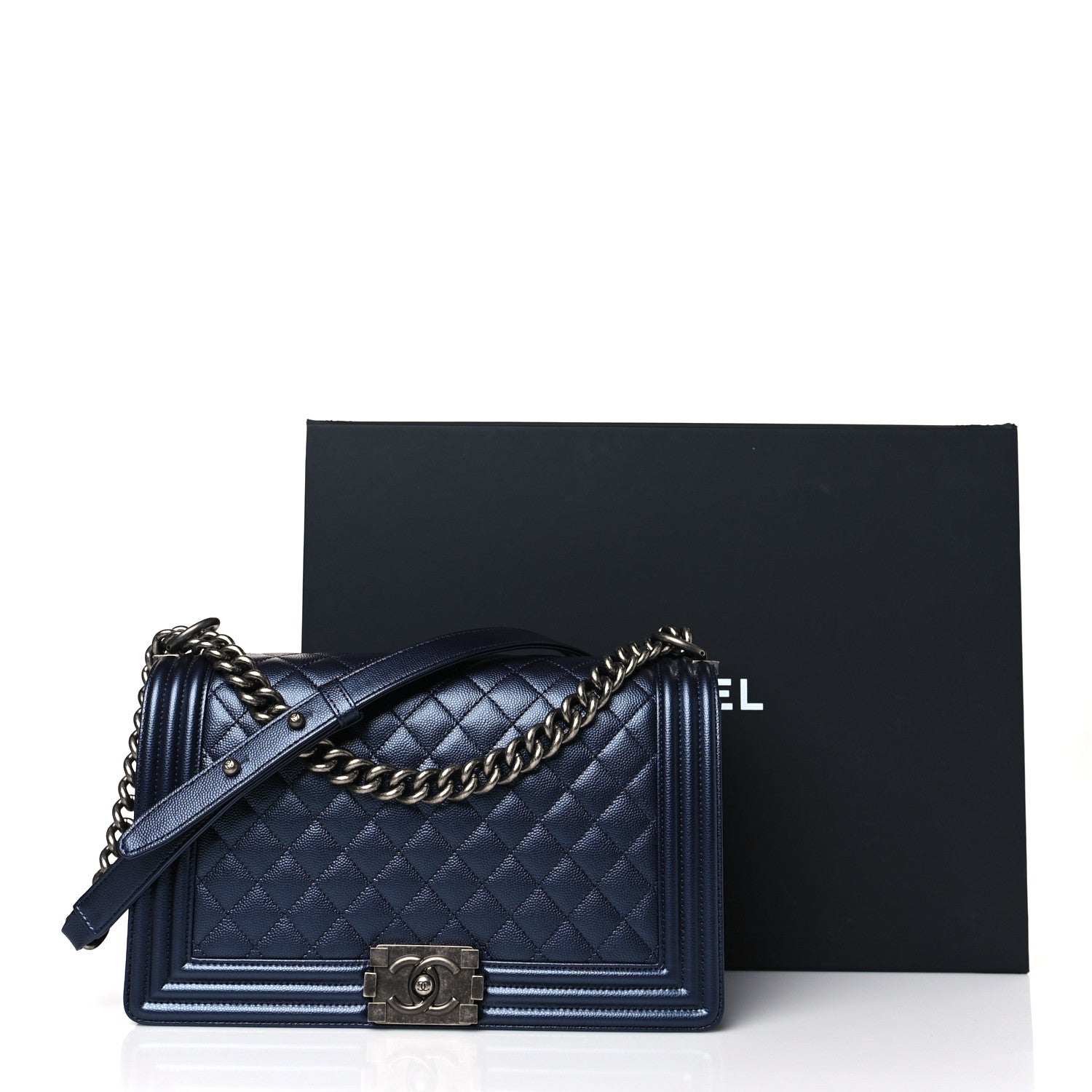 Chanel Metallic Caviar Quilted New Medium Boy Flap Navy 10 of 10