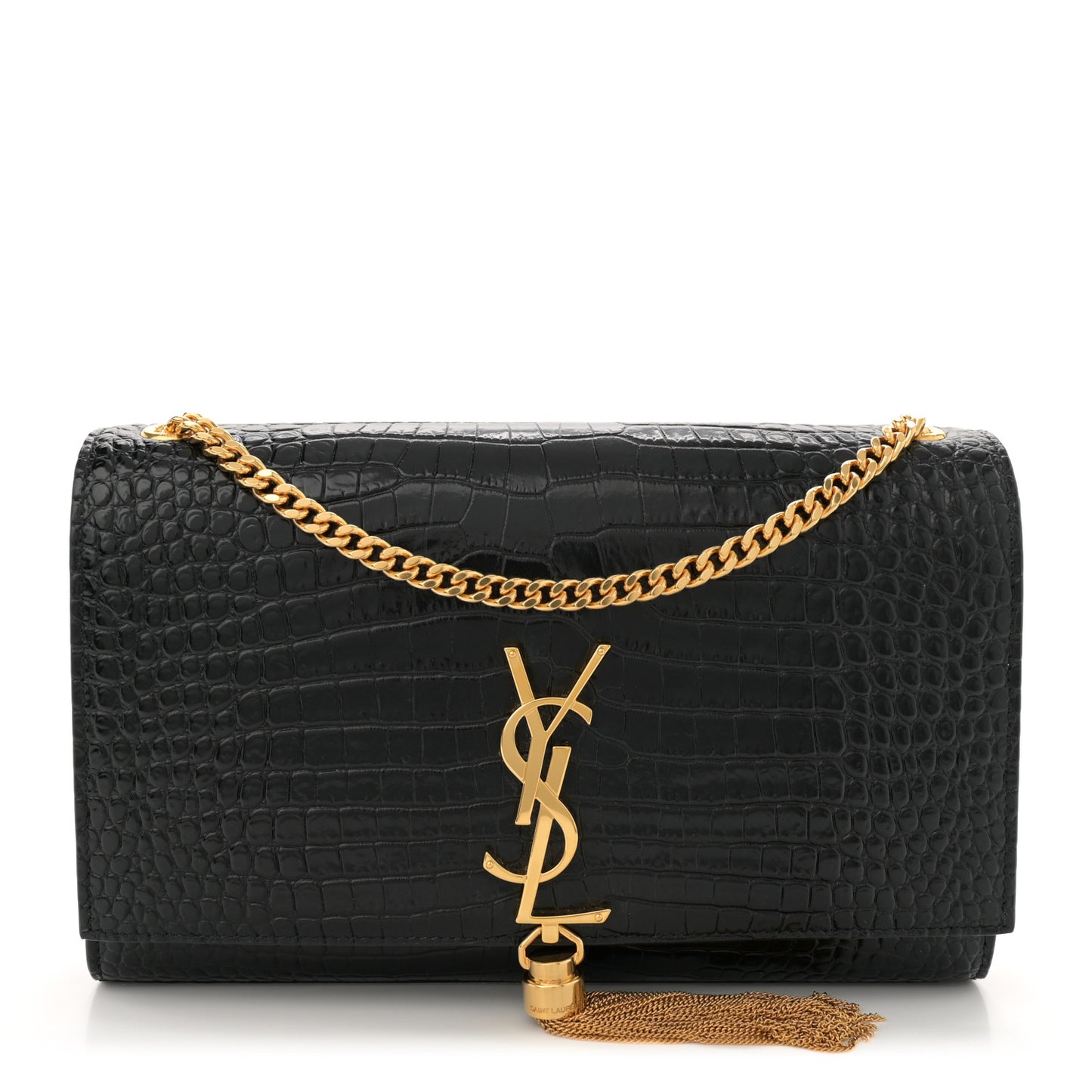 Calfskin Crocodile Embossed Medium Classic Monogram Kate Tassel Satchel Black