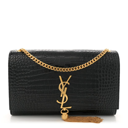 Saint Laurent Calfskin Crocodile Embossed Medium Classic Monogram Kate Tassel Satchel Black 1 of 14