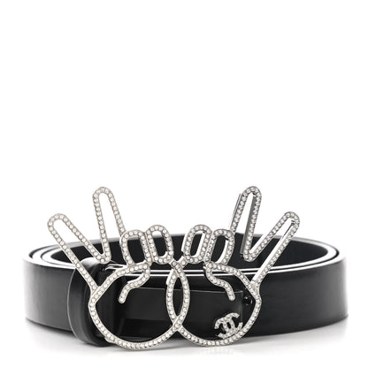 Chanel Calfskin Crystal Peace Sign Emoji Belt 75 30 Black 1 of 7