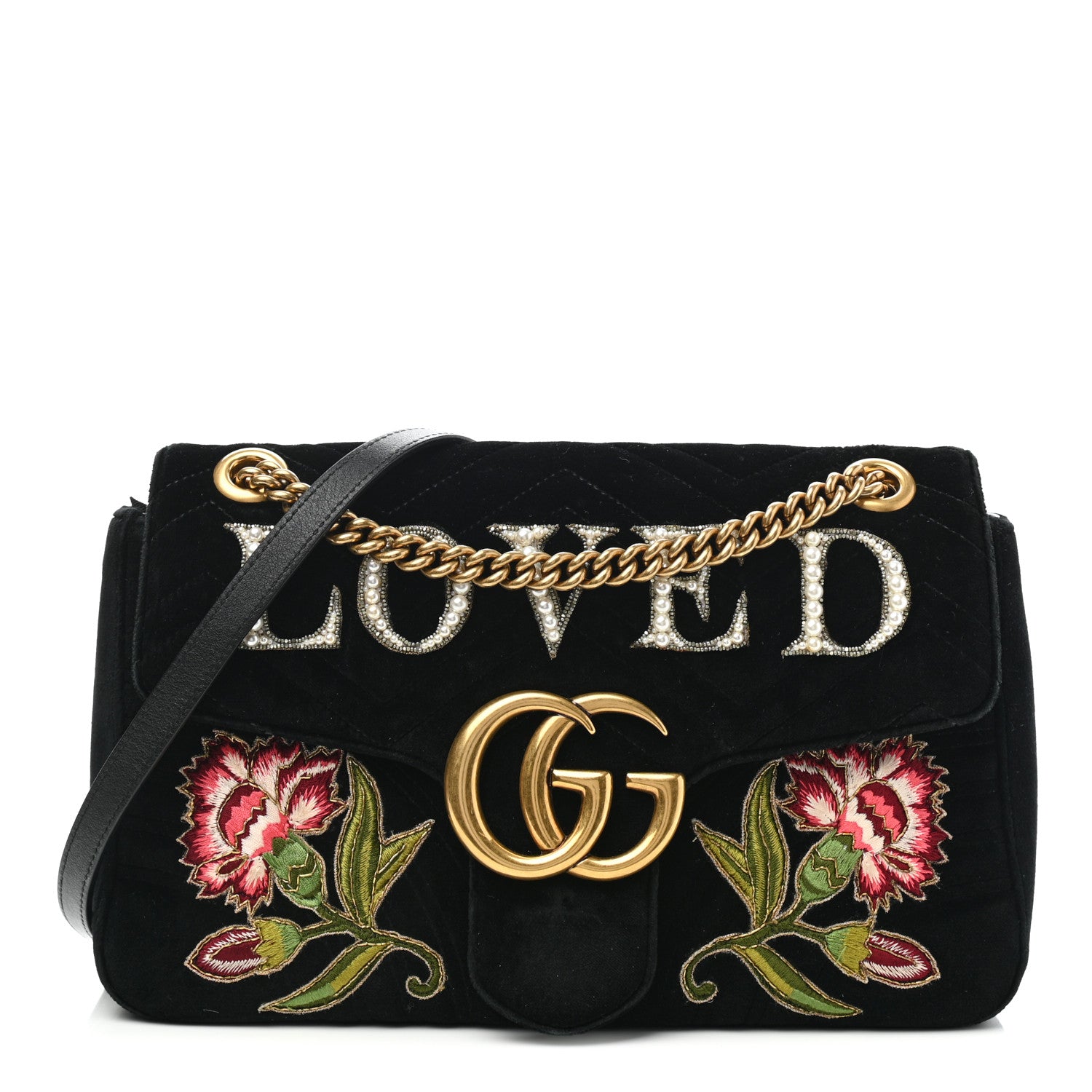 Gucci Velvet Matelasse Loved Embroidered Medium GG Marmont Shoulder Bag Black 1 of 10