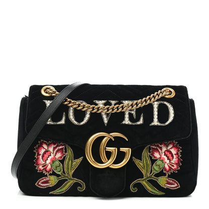 Gucci Velvet Matelasse Loved Embroidered Medium GG Marmont Shoulder Bag Black 1 of 10