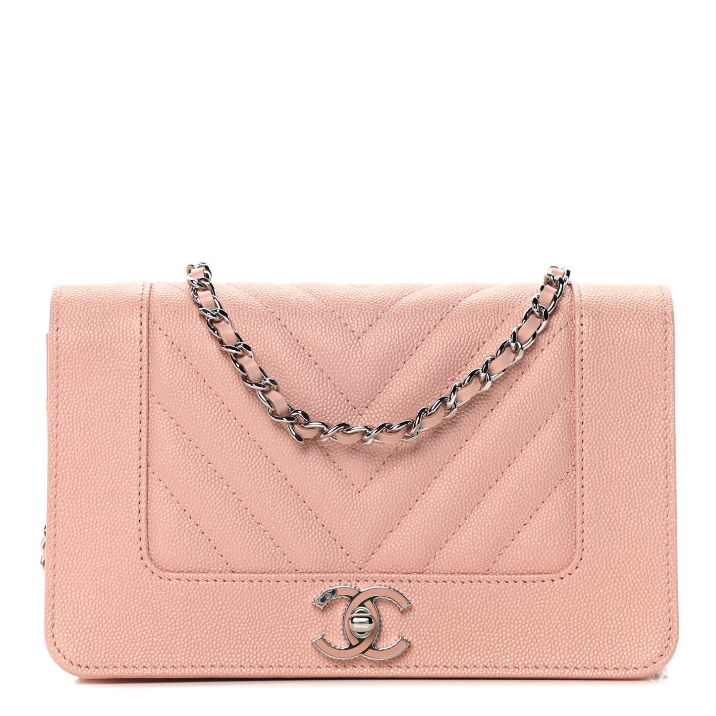 Metallic Caviar Quilted Vintage Mademoiselle Wallet On Chain WOC Light Pink