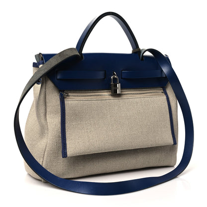 Hermes Military Toile Vache Hunter Herbag Zip Retourne 31 PM Bleu De France Ecru 3 of 14