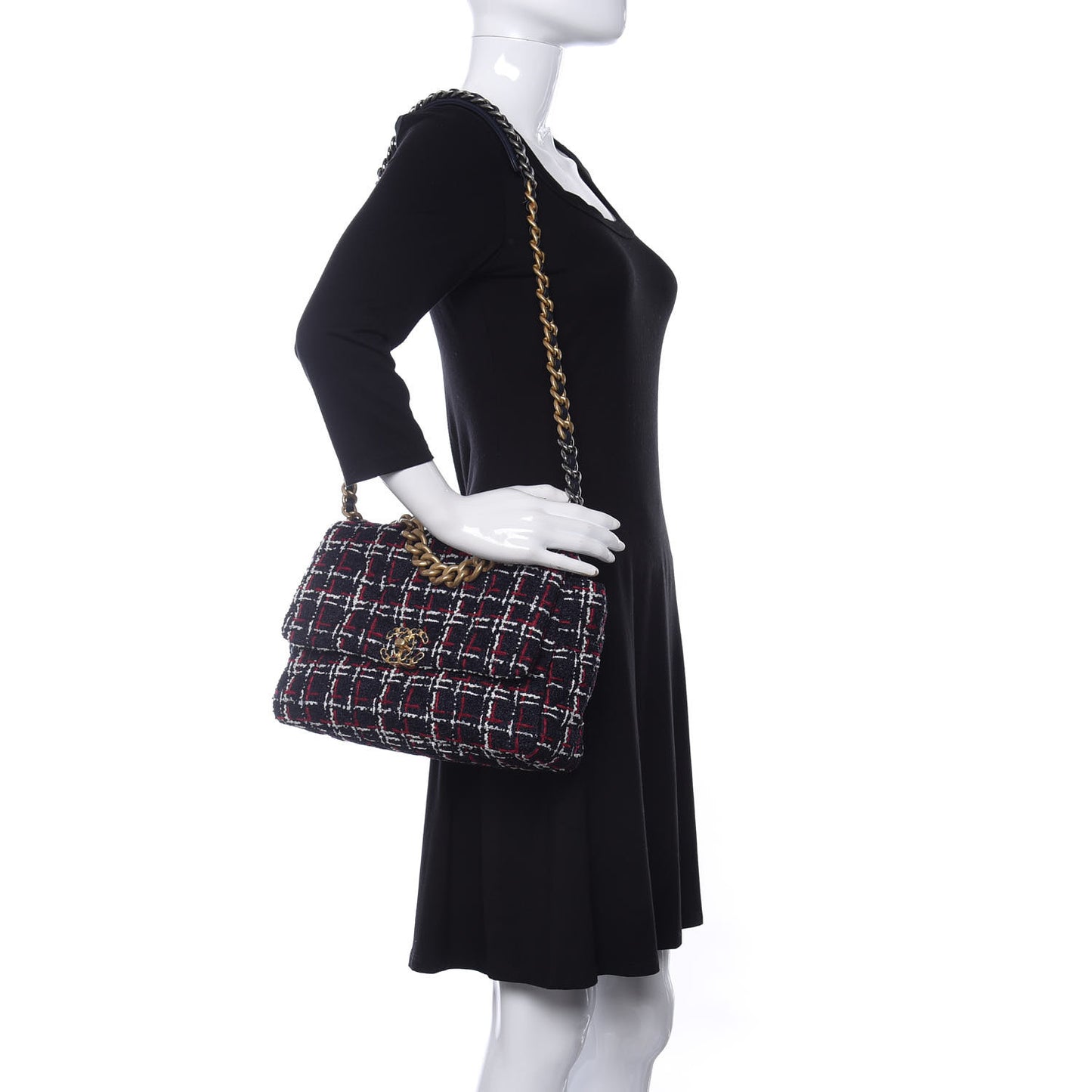 Tweed Quilted Large Chanel 19 Flap Navy Blue White Red