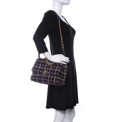 Chanel Tweed Quilted Large Chanel 19 Flap Navy Blue White Red 2 of 13