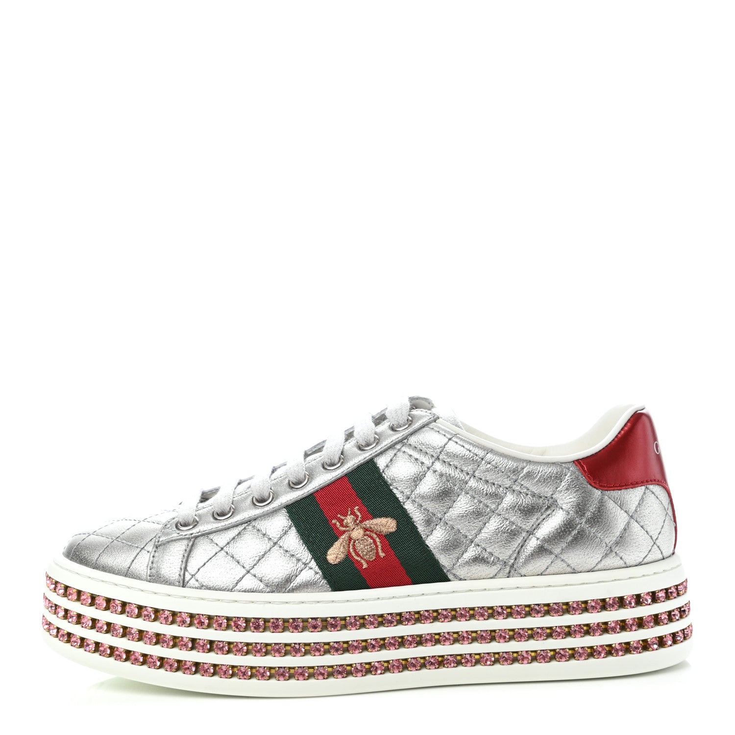 Gucci Laminated Nappa Crystal Web Bee Embroidered Trapuntata Womens Ace Platform Sneakers 35.5 Argento 1 of 8