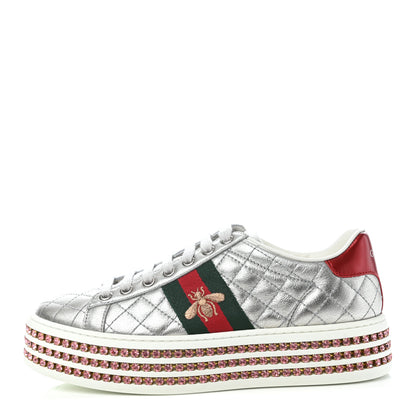 Gucci Laminated Nappa Crystal Web Bee Embroidered Trapuntata Womens Ace Platform Sneakers 35.5 Argento 1 of 8