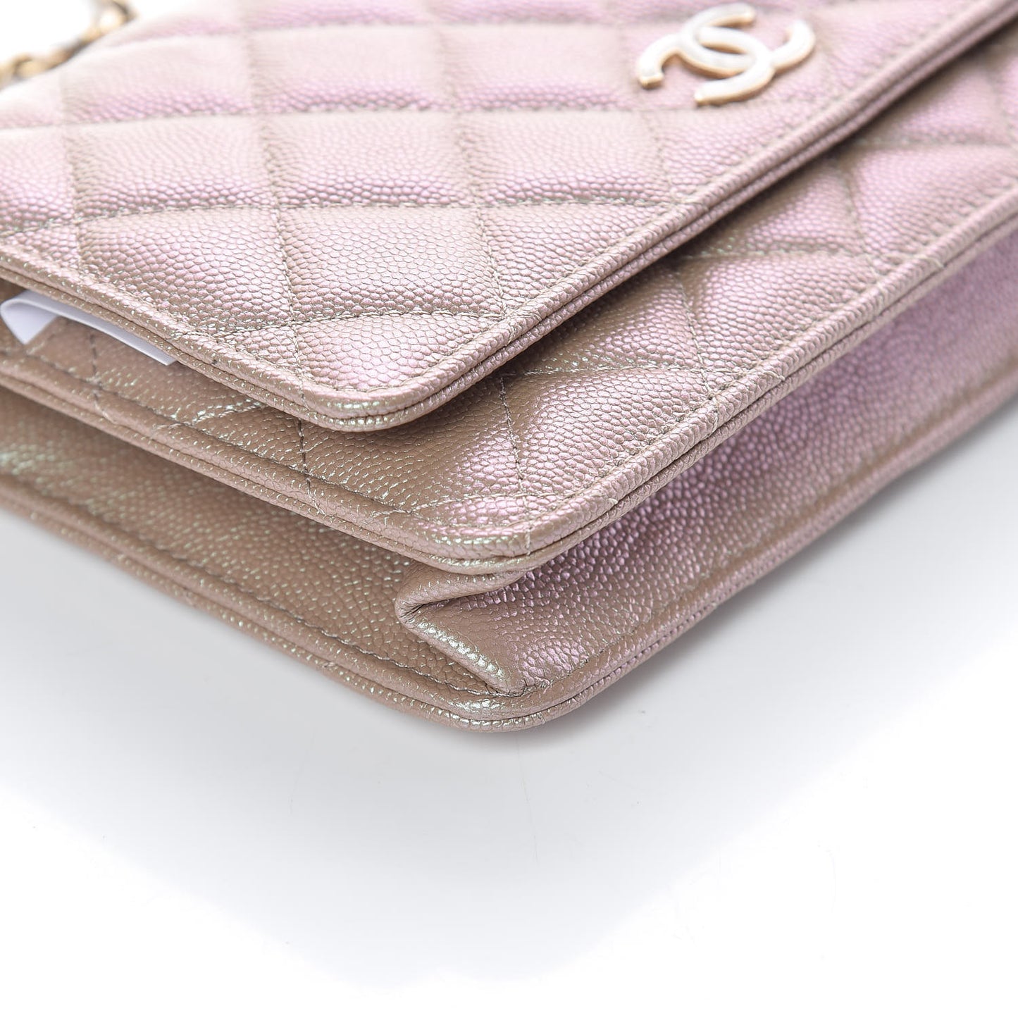 Iridescent Caviar Quilted Wallet On Chain WOC Beige