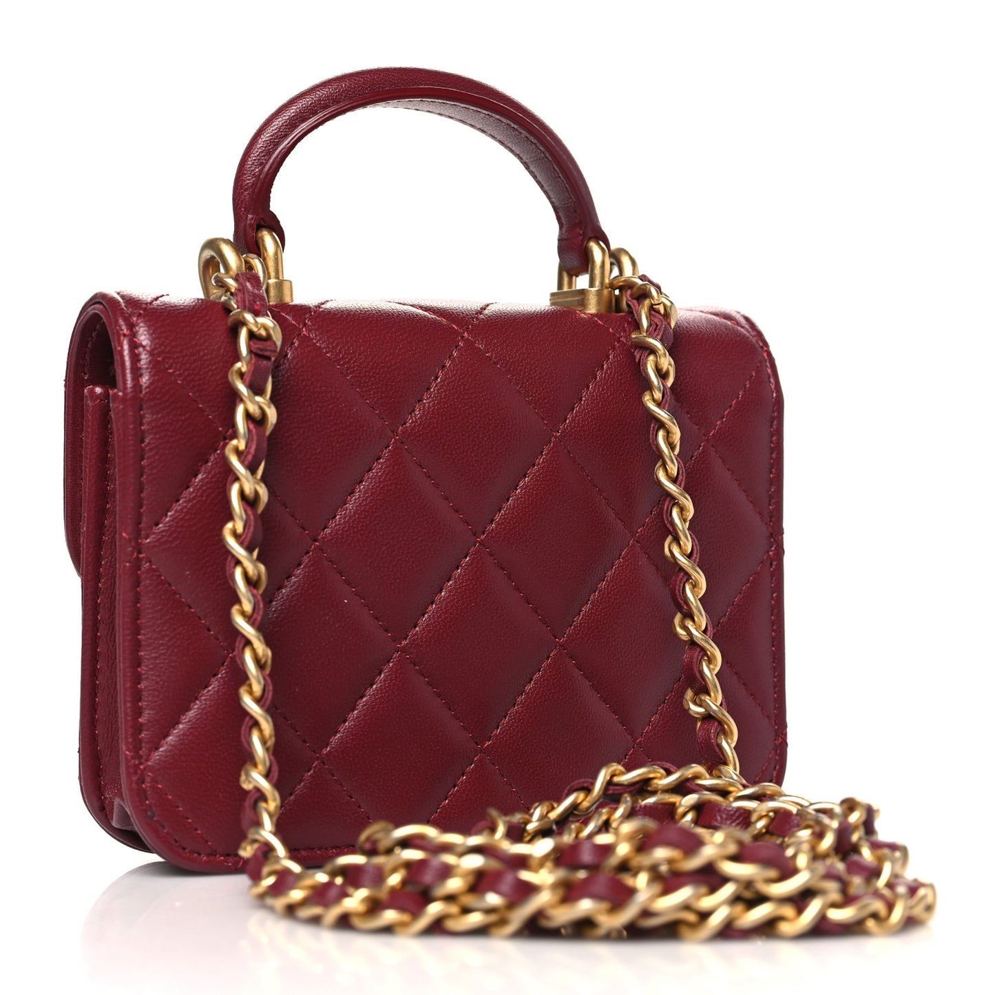 Lambskin Quilted Top Handle Flap Coin Purse With Chain Burgundy