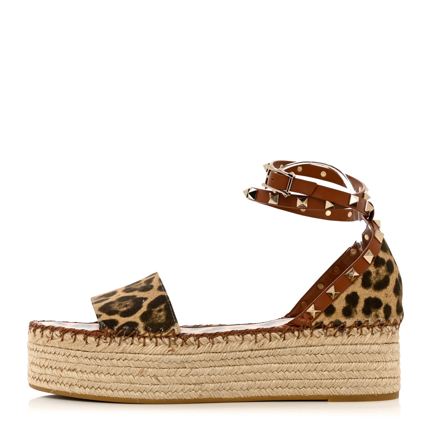 Valentino Garavani Canvas Leopard Print Rockstud Ankle Wrap Espadrille Flatform Sandals 41 Brown 1 of 15