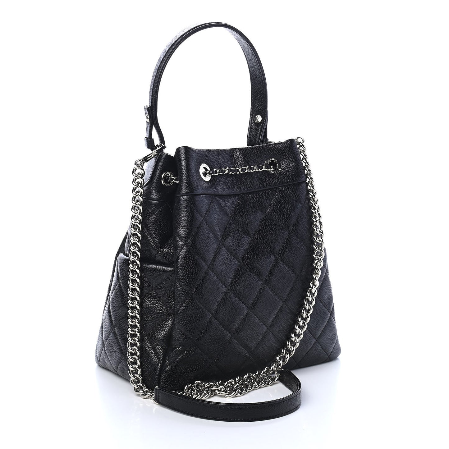 Caviar Flat Quilted CC Chain Bucket Drawstring Bag Black