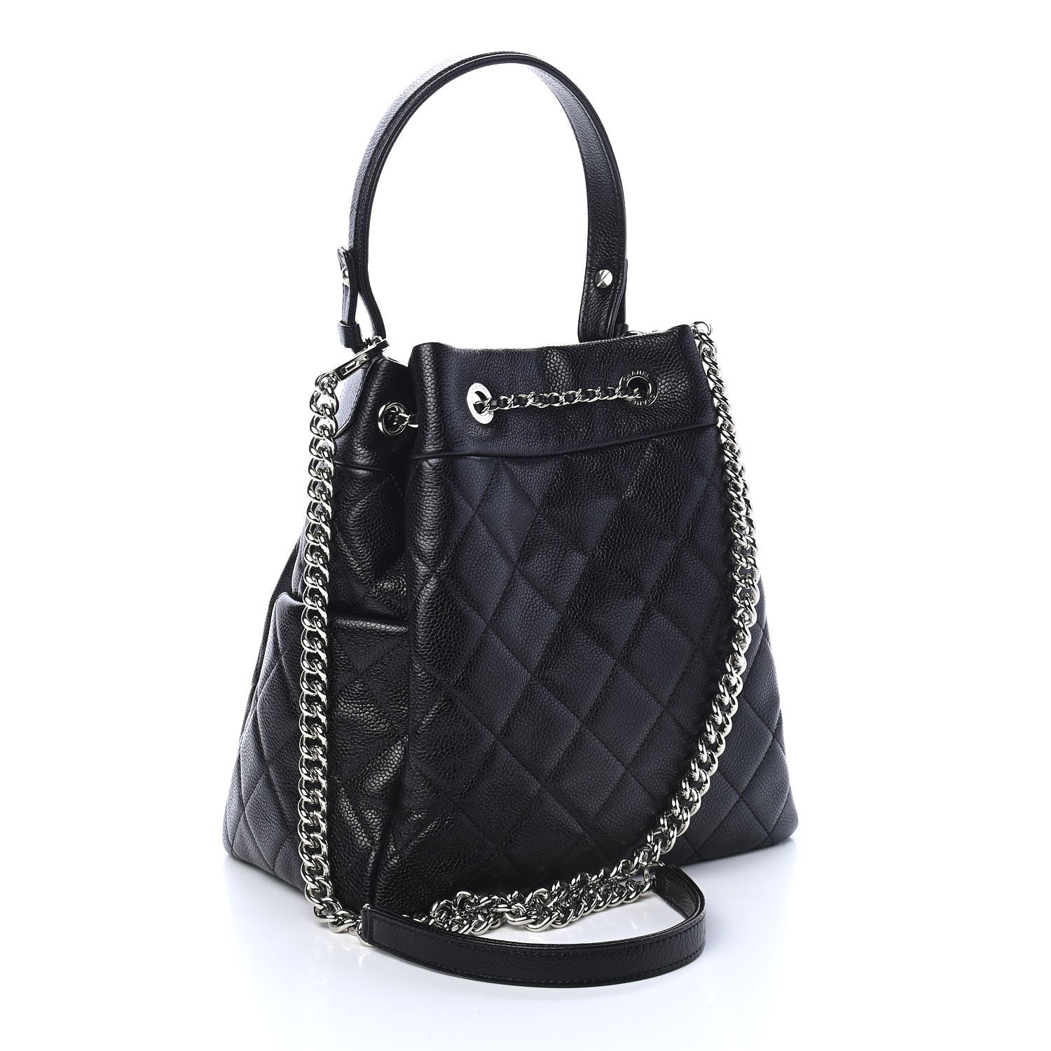 Chanel Caviar Flat Quilted CC Chain Bucket Drawstring Bag Black 3 of 9