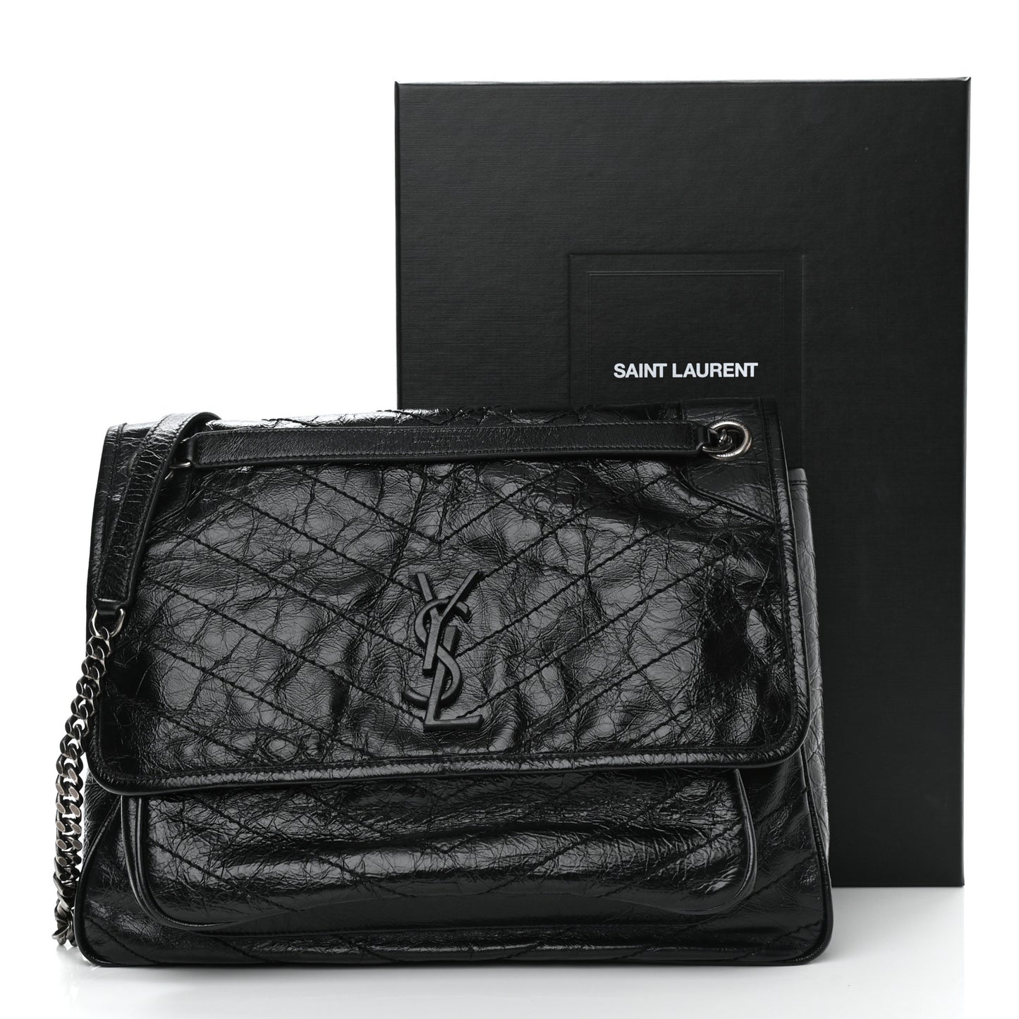 Crinkled Calfskin Matelasse Monogram Large Niki Chain Satchel Black