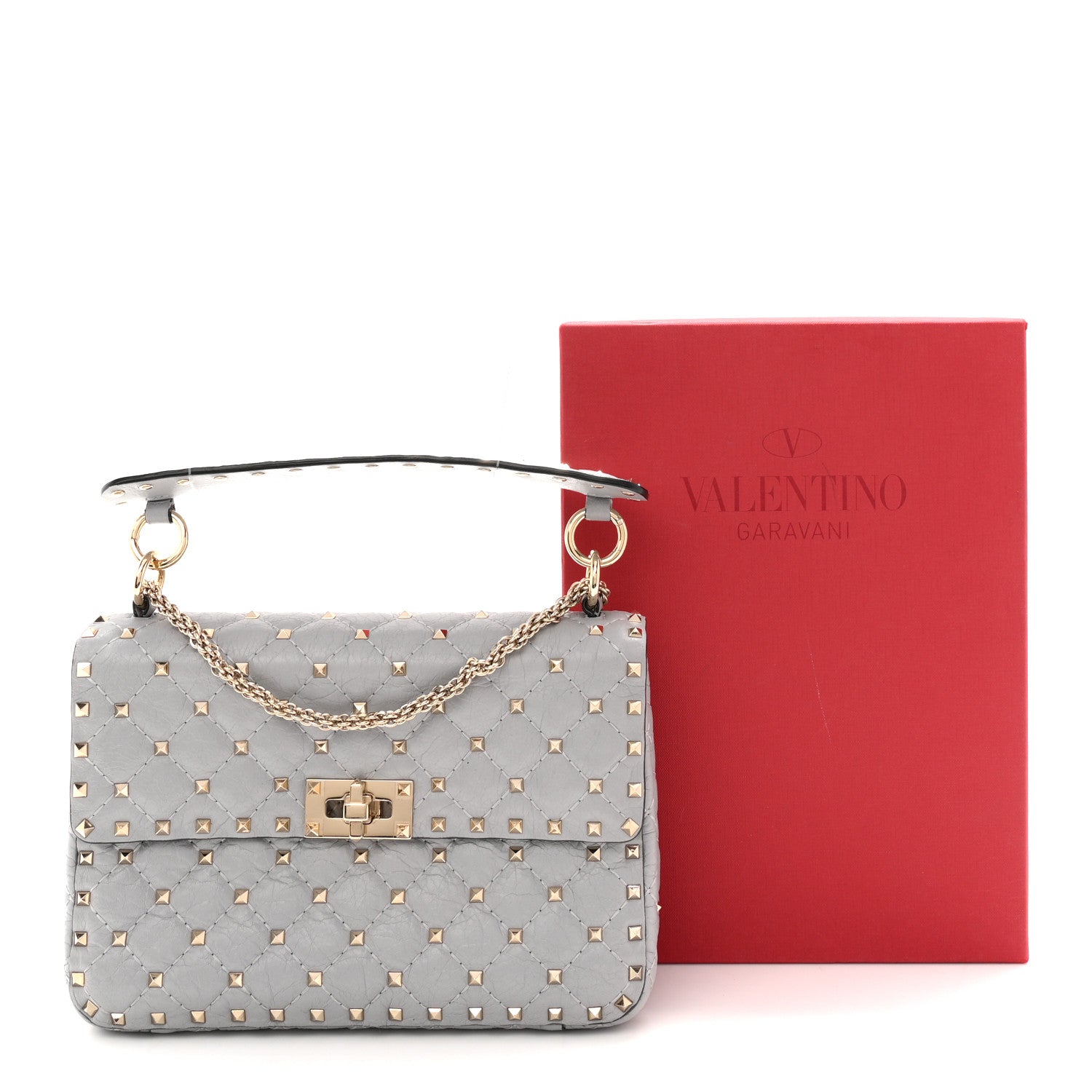 Valentino Garavani Craquele Nappa Medium Rockstud Spike Shoulder Bag Pastel Grey 10 of 10
