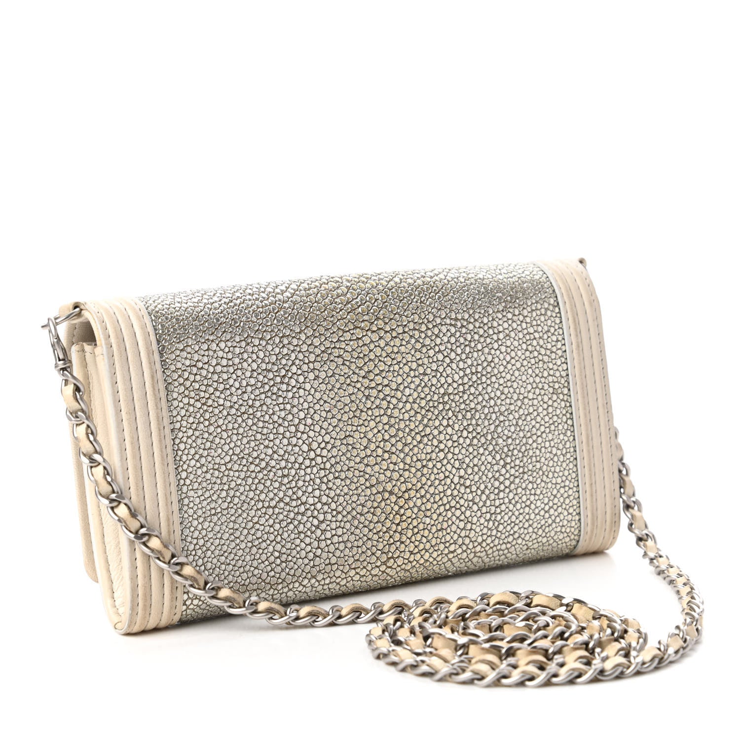 Chanel Metallic Galuchat Stingray Lambskin Boy Wallet With Removable Chain Silver 3 of 12