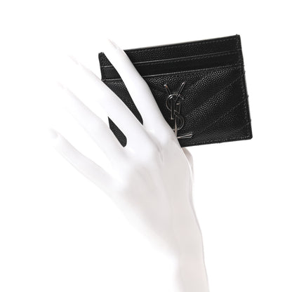 Saint Laurent Grain De Poudre Matelasse Chevron Monogram Credit Card Case Black 2 of 9