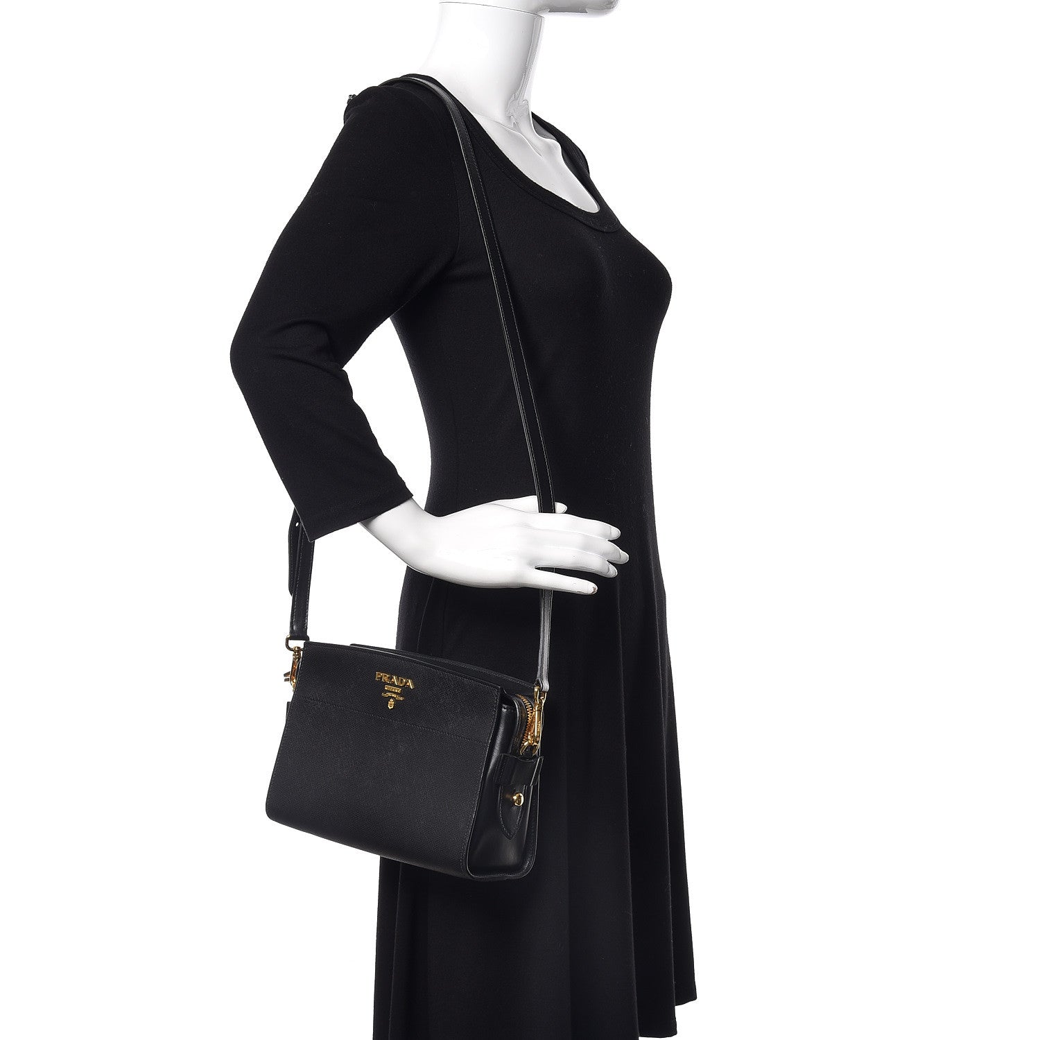 Prada Saffiano City Calfskin Esplanade Crossbody Bag Black 2 of 12