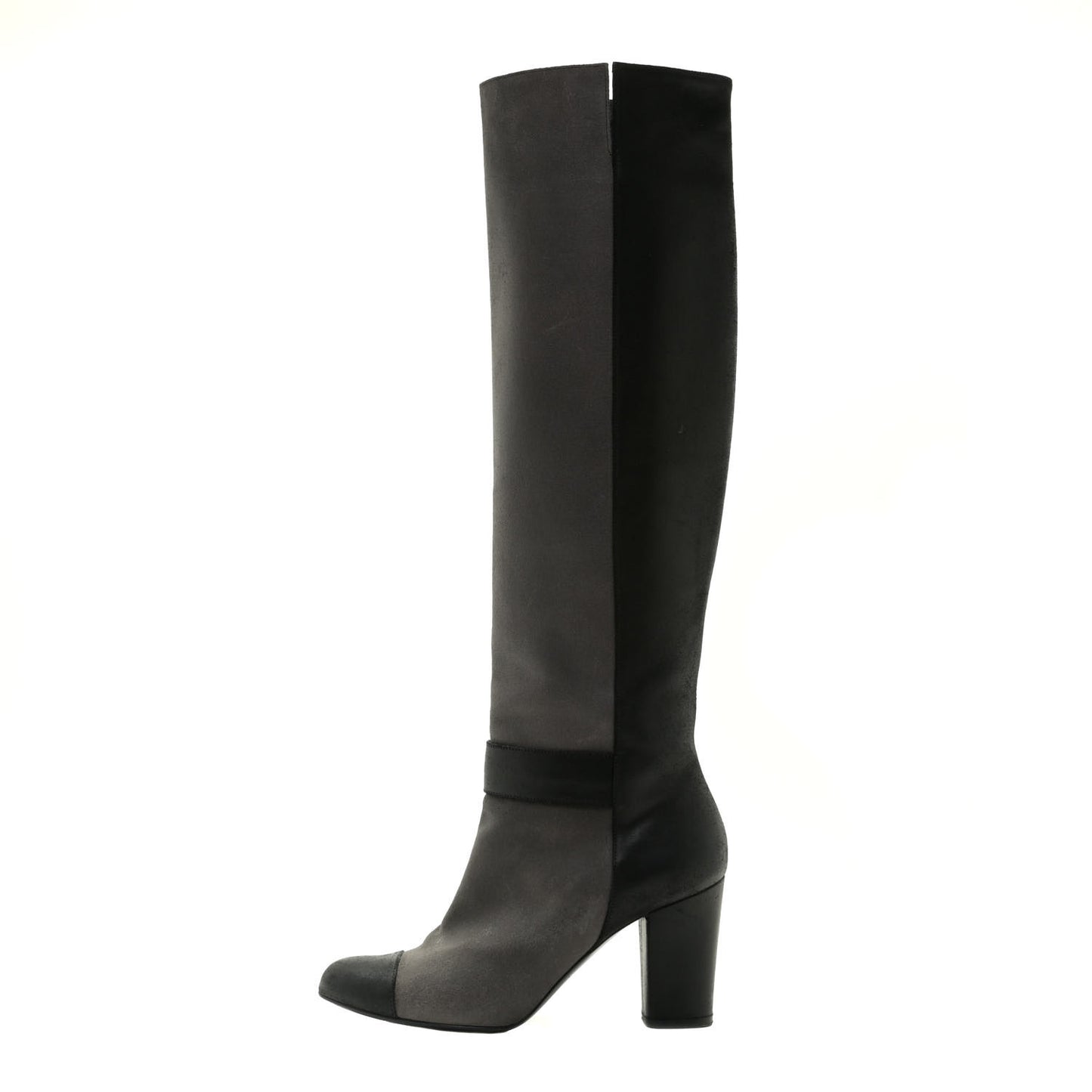Suede Calfskin CC Cap Toe Knee High Boots 40 Black Grey
