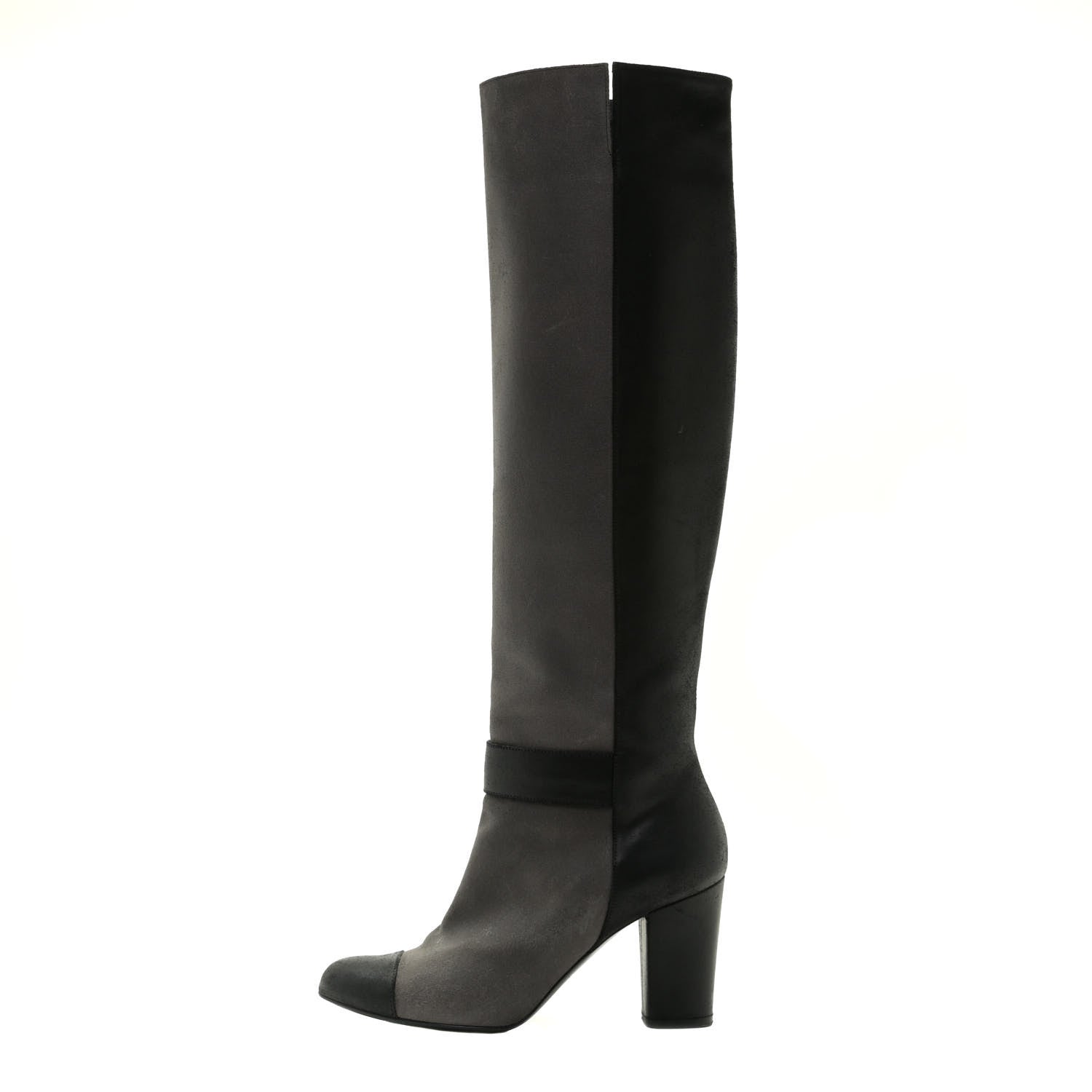 Chanel Suede Calfskin CC Cap Toe Knee High Boots 40 Black Grey 1 of 13