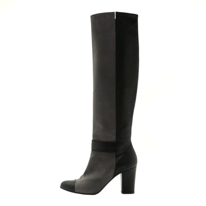 Chanel Suede Calfskin CC Cap Toe Knee High Boots 40 Black Grey 1 of 13