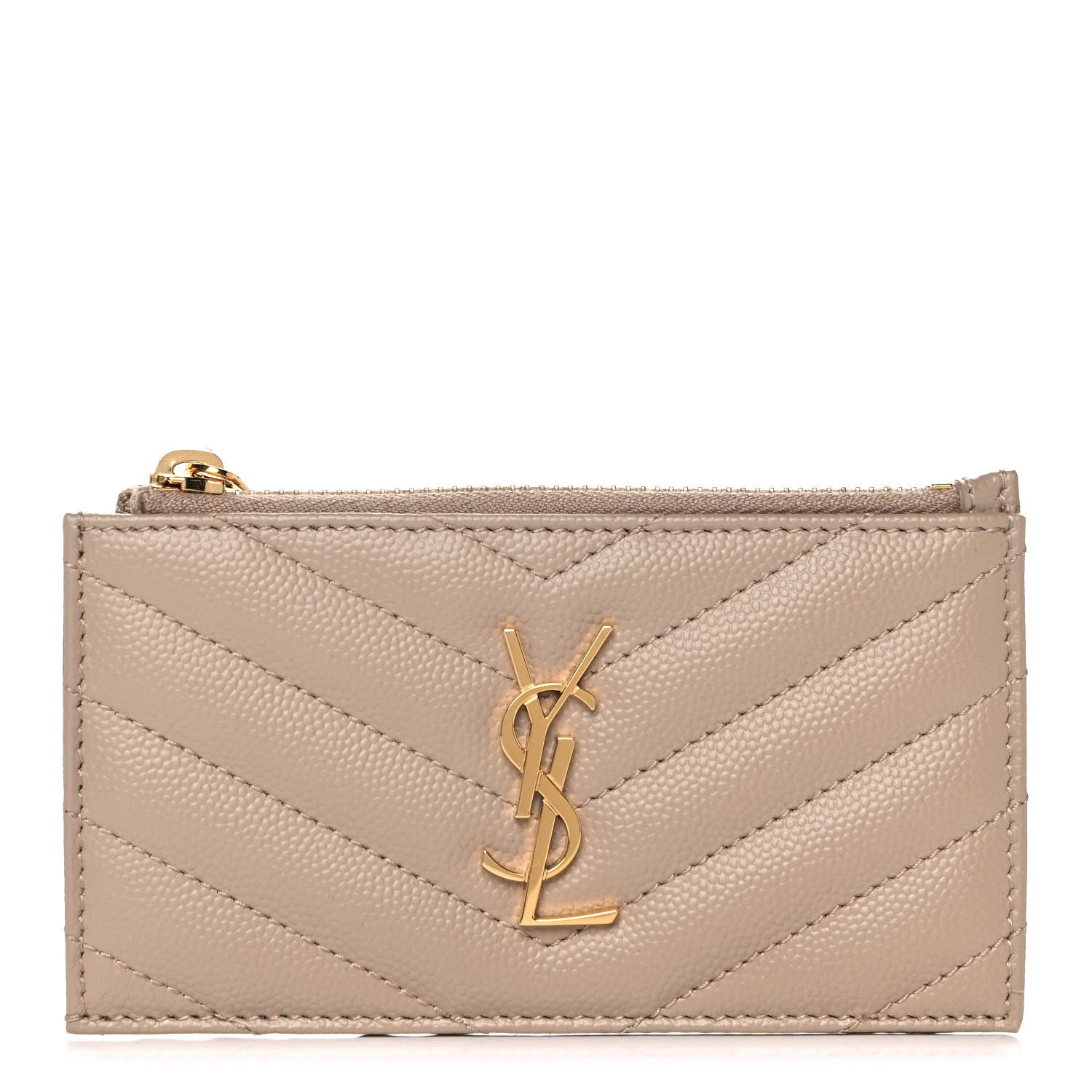 Saint Laurent Grain De Poudre Matelasse Chevron Monogram Fragments Zippered Card Case Nude Powder 1 of 9
