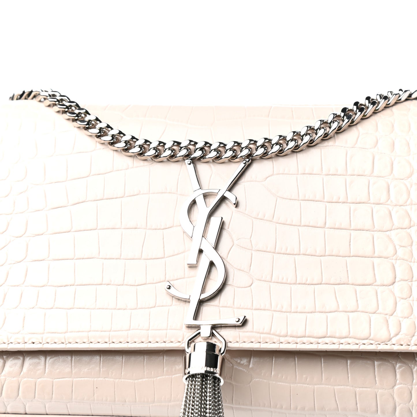 Calfskin Crocodile Embossed Small Classic Monogram Kate Tassel Satchel Rose Antic