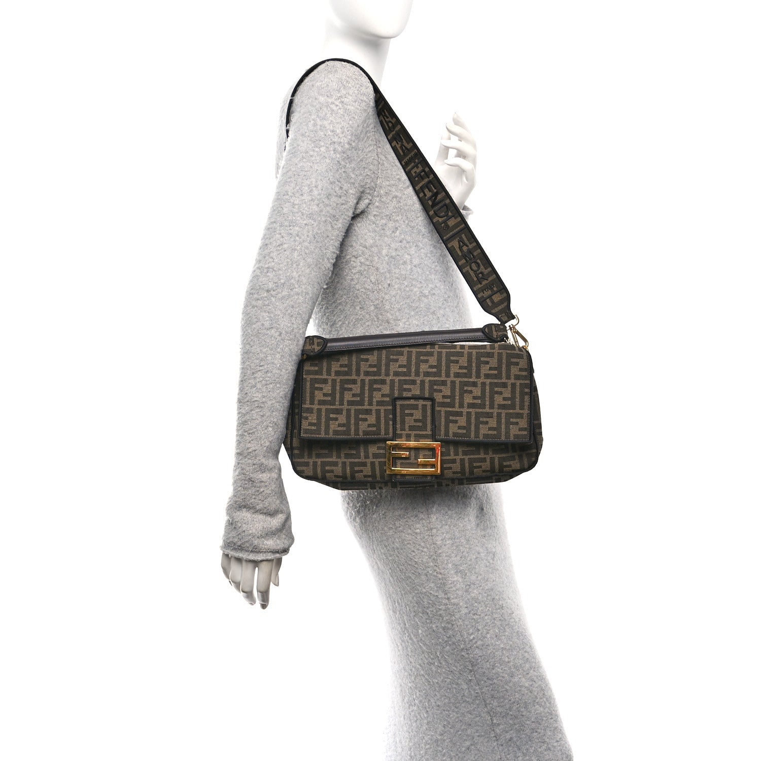 Fendi Fabric Jacquard FF 1974 Large Baguette Tobacco Moro Black 2 of 9