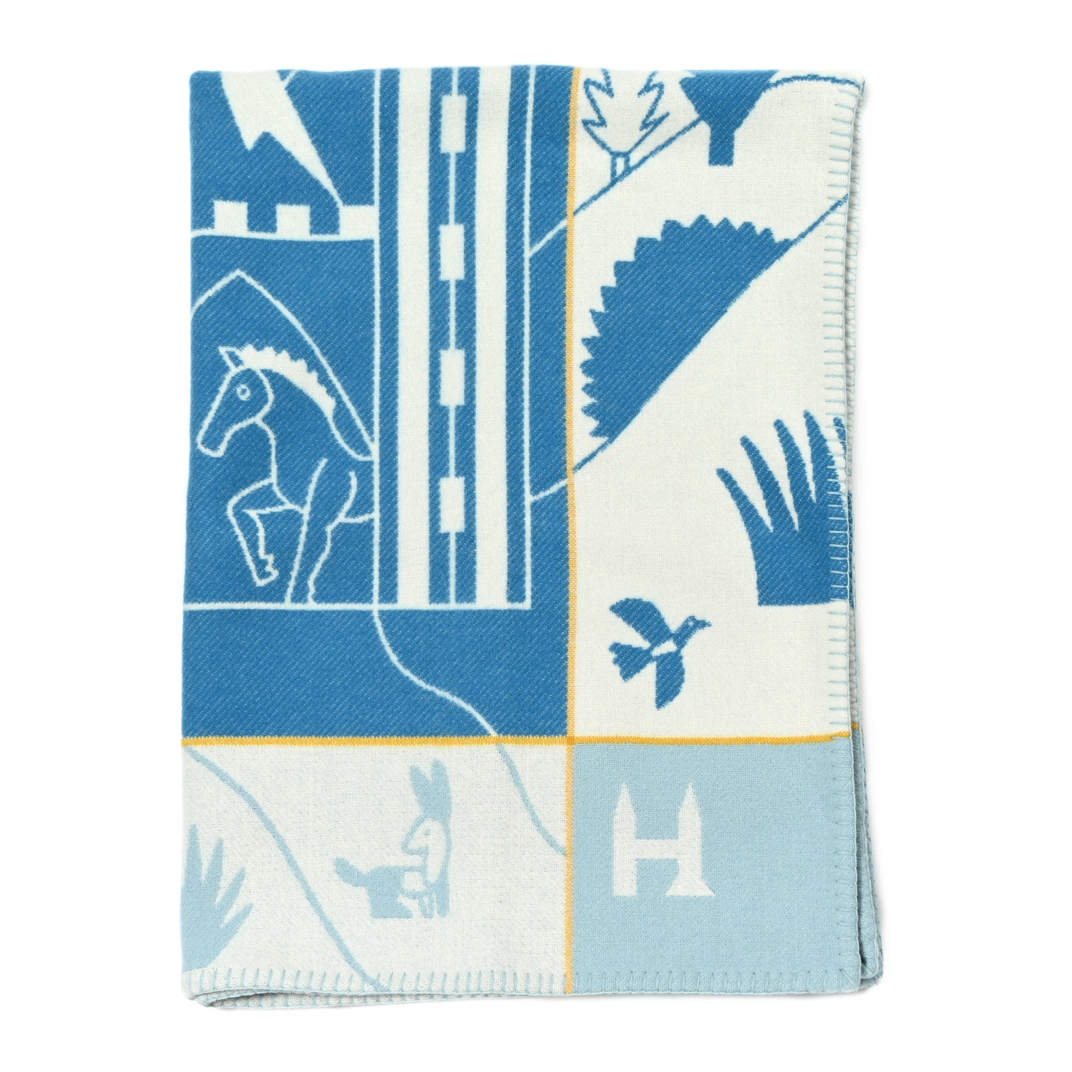Hermes Wool Cashmere Avalon Epopee Blanket Bleu Paon Celadon 1 of 3