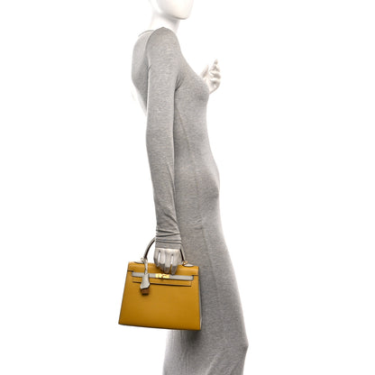 Hermes Chevre Mysore Horseshoe Kelly Sellier 25 Jaune Ambre Bleu Glacier 2 of 11