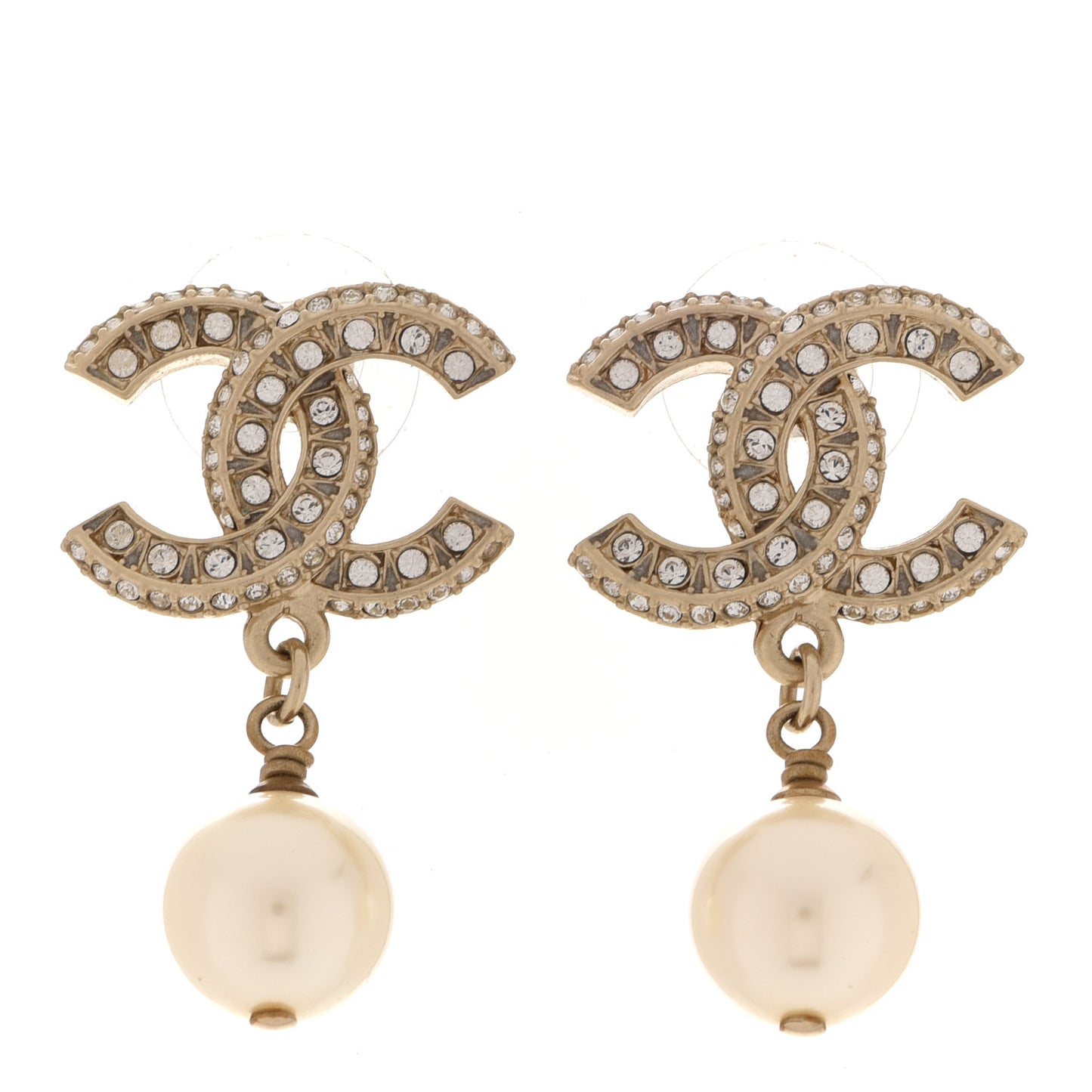 Crystal Pearl CC Drop Earrings Gold