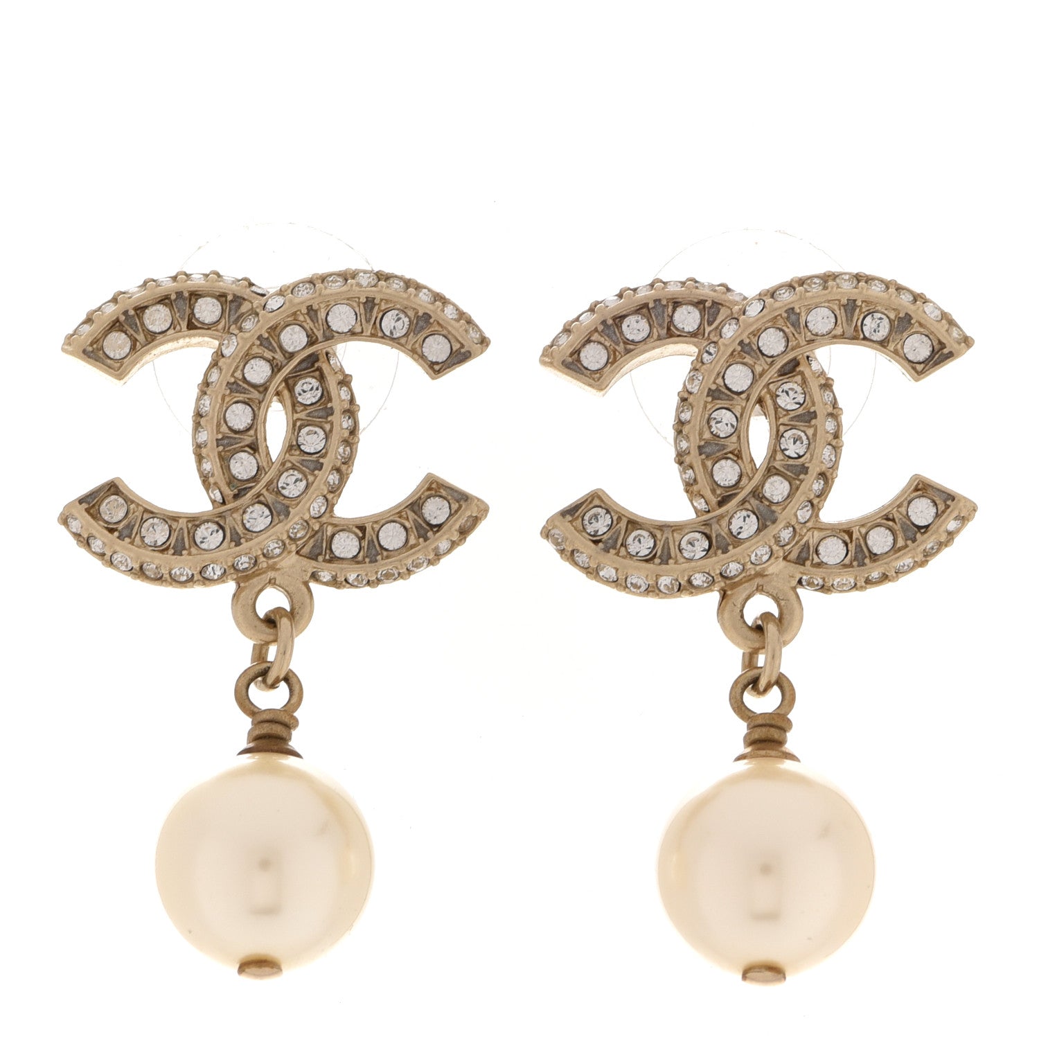 Chanel Crystal Pearl CC Drop Earrings Gold 1 of 5