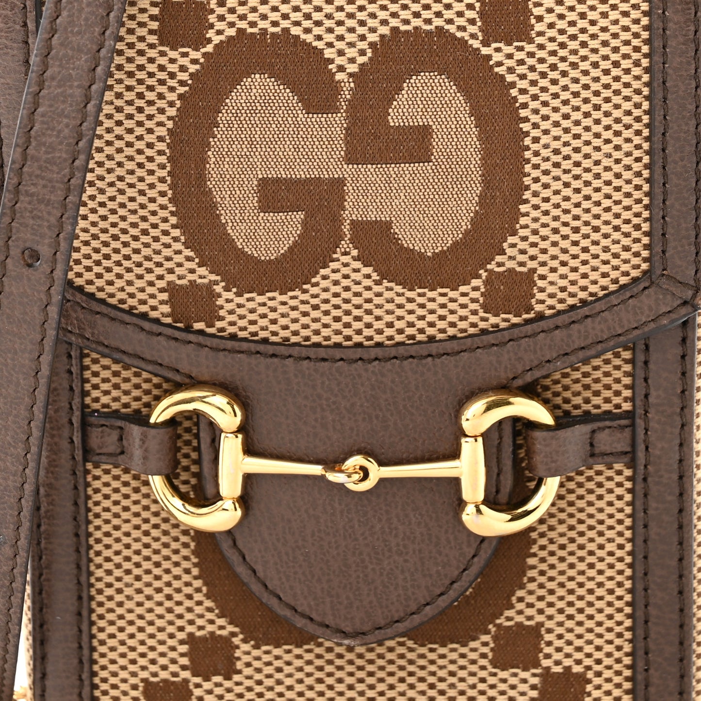 Monogram Jumbo GG Textured Dollar Calfskin Mini Horsebit 1955 Crossbody Bag Camel Ebony New Acero