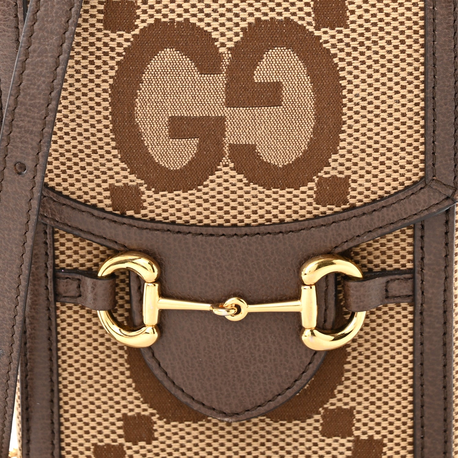 Gucci Monogram Jumbo GG Textured Dollar Calfskin Mini Horsebit 1955 Crossbody Bag Camel Ebony New Acero 8 of 12