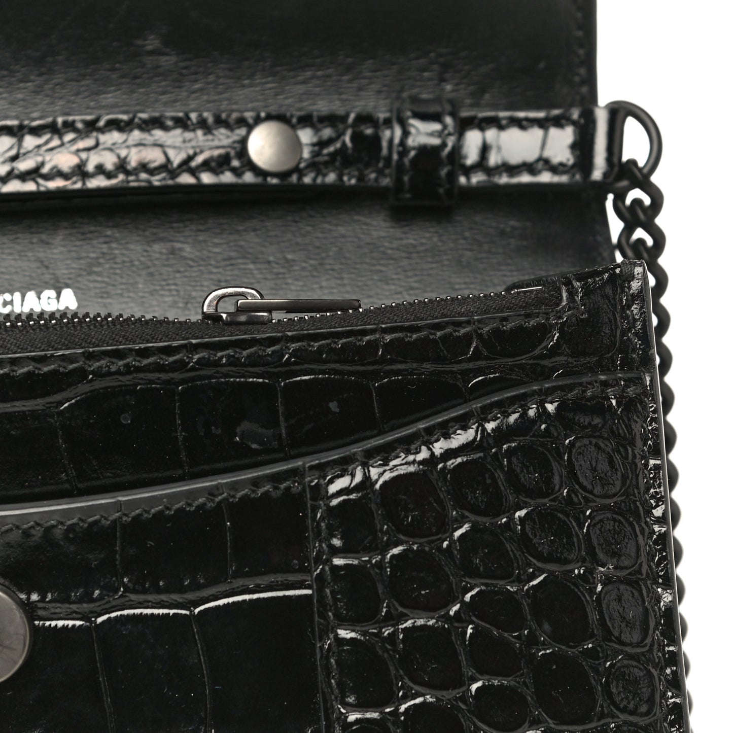 Shiny Calfskin Monochrome Crocodile Embossed Hourglass Chain Bag Black