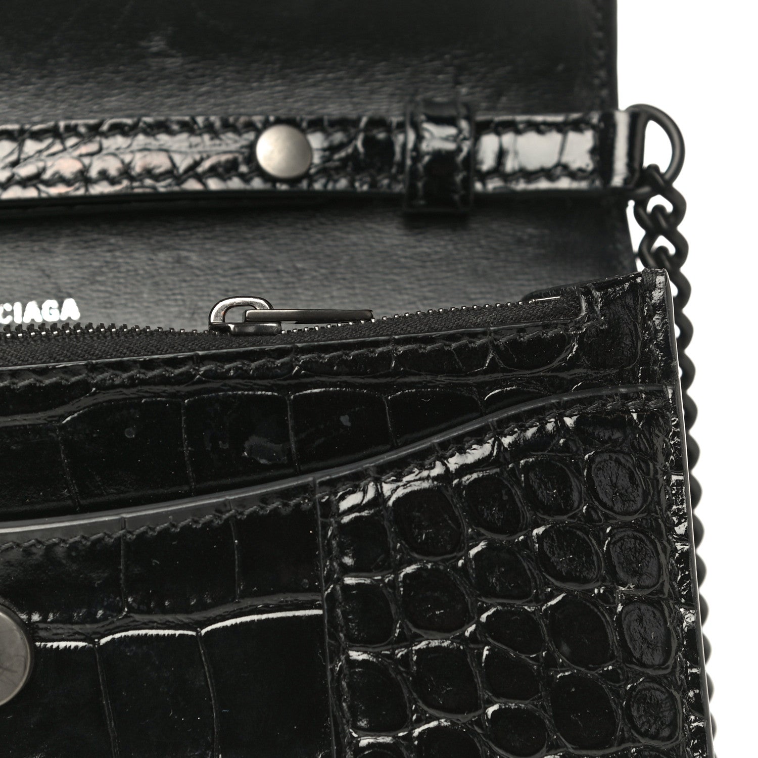 Balenciaga Shiny Calfskin Monochrome Crocodile Embossed Hourglass Chain Bag Black 15 of 15
